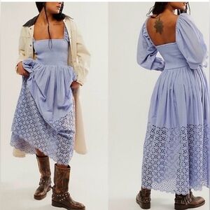 Free People Blue Smocked Puff Sleeve Midi Dress Eyelet Lace Boho Cottagecore